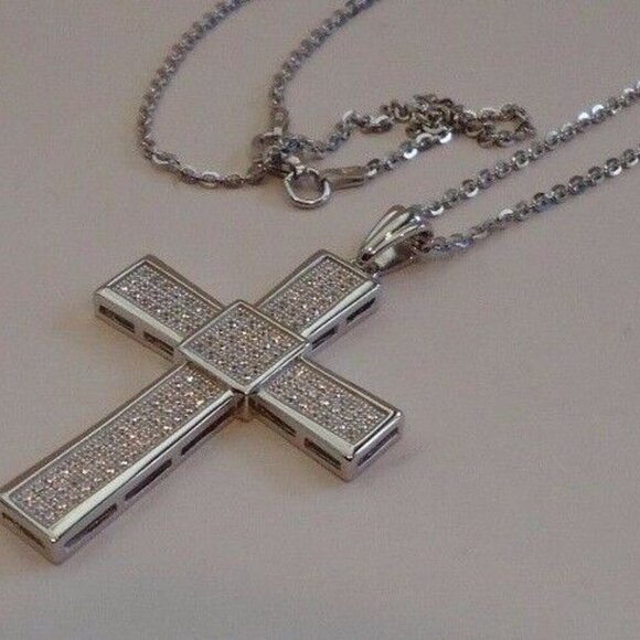 925 STERLING SILVER MICRO PAVE CROSS NECKLACE PENDANT W/ 2 CT LAB DIAMONDS - Picture 8 of 8